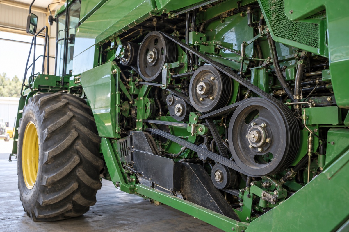 Belt-and-pulley drive system on agricultural harvesting equipment