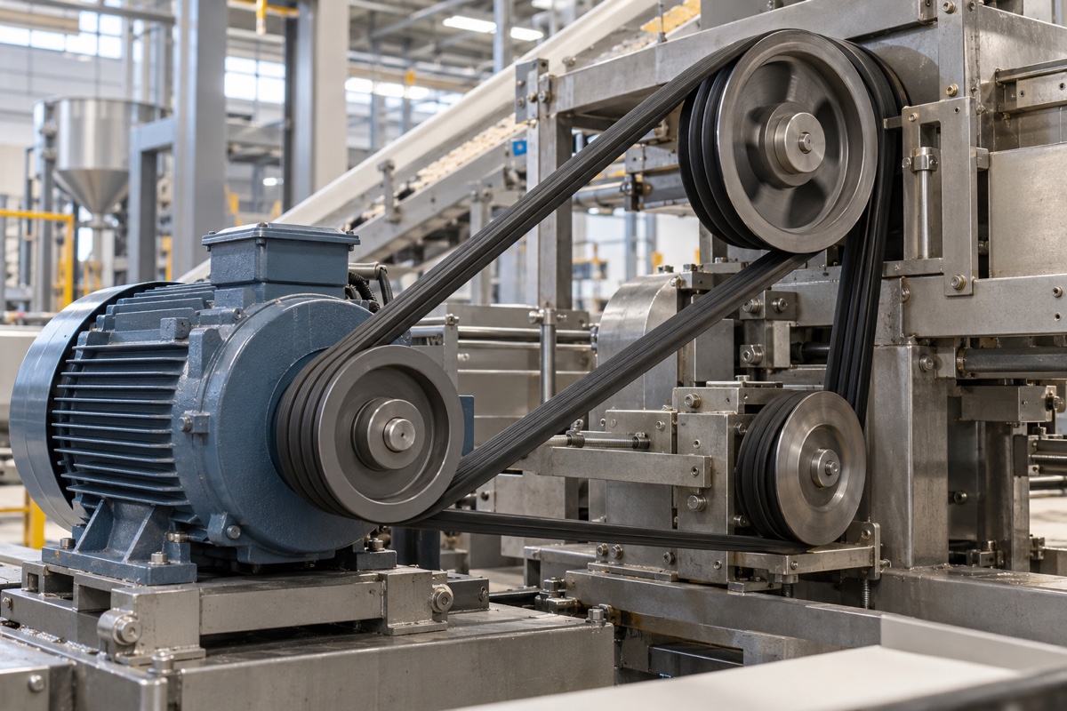 V-belt and pulley drive on industrial production equipment